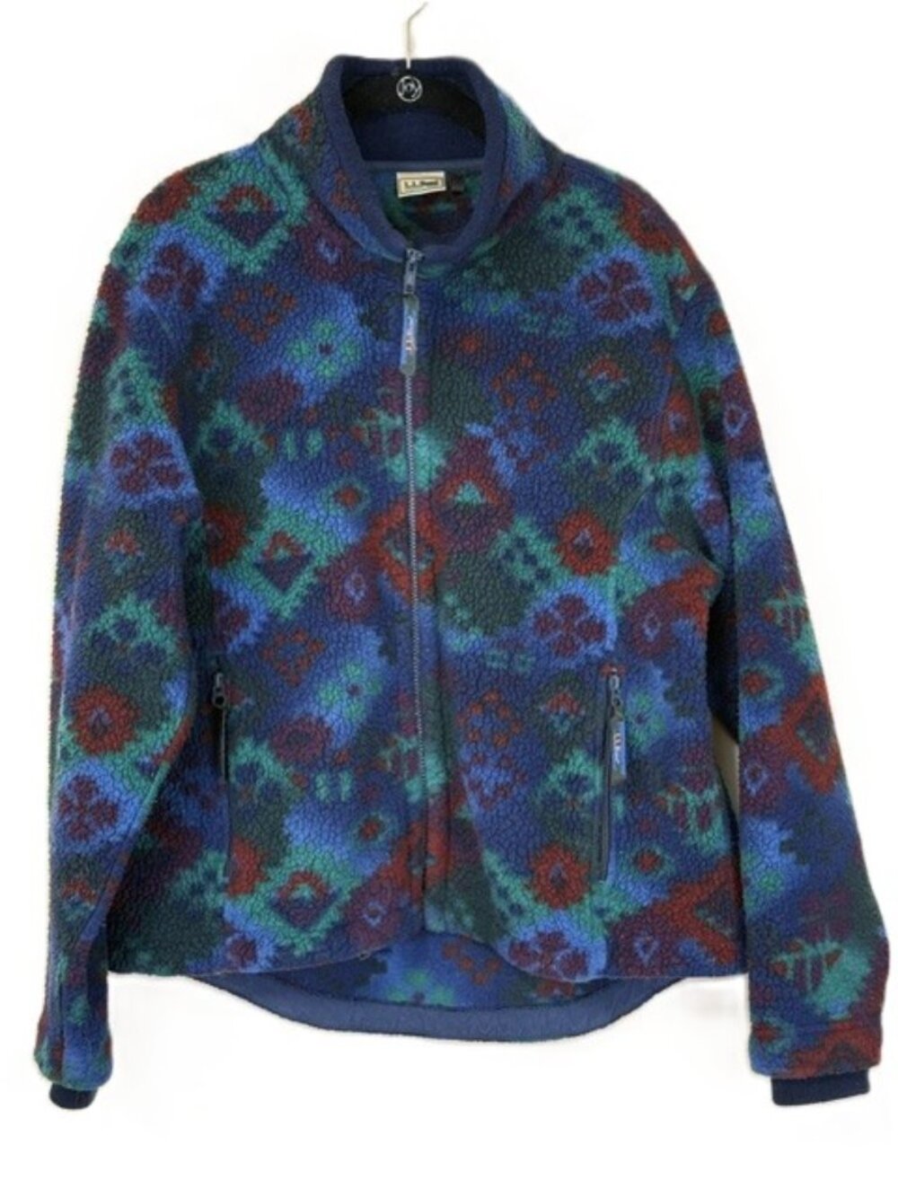 LL Bean Fleece Jacket Womens  L 90s navy print VINTAGE
